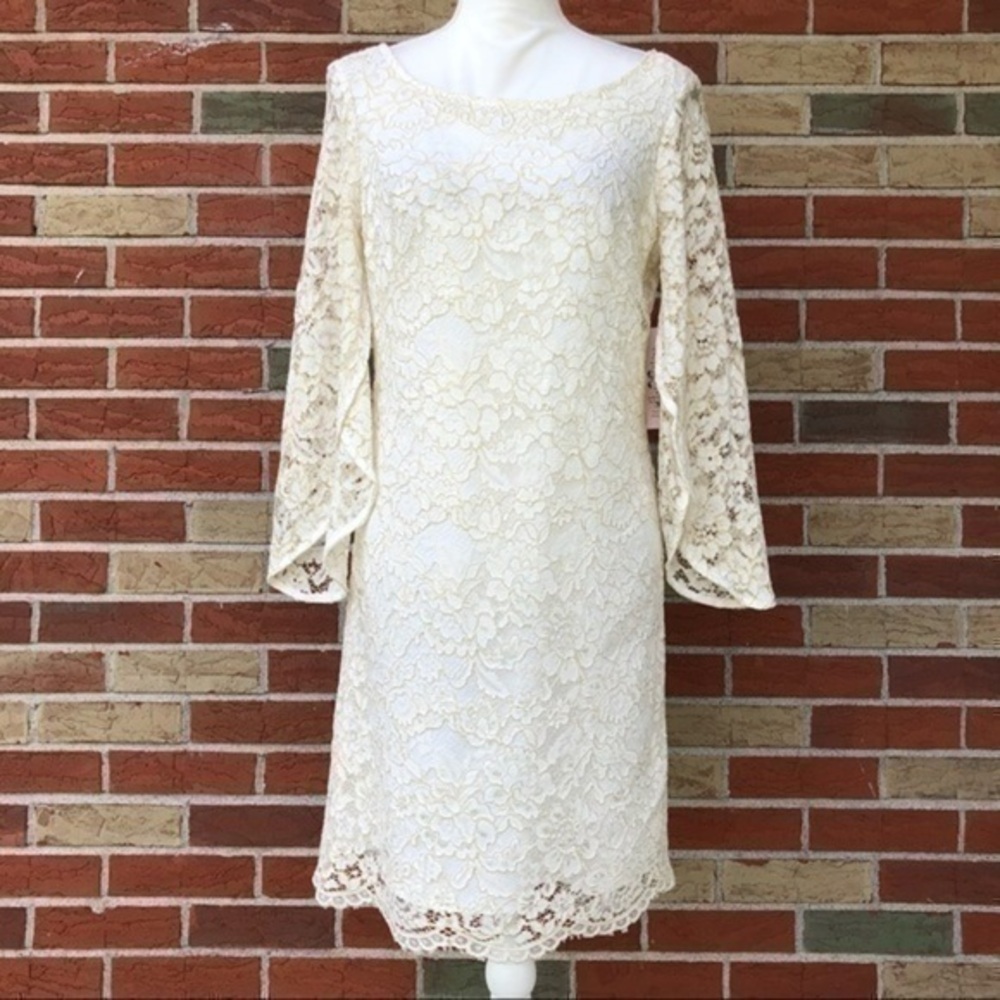 NWT Nanette Lepore Modern Glam 3/4 Split Sleeve Cannoli Cream Gold Lace Dress 👗